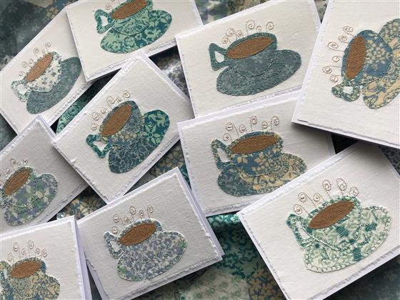 Vintage Tea Cups - made entirely from recycled fabric, so each card is unique