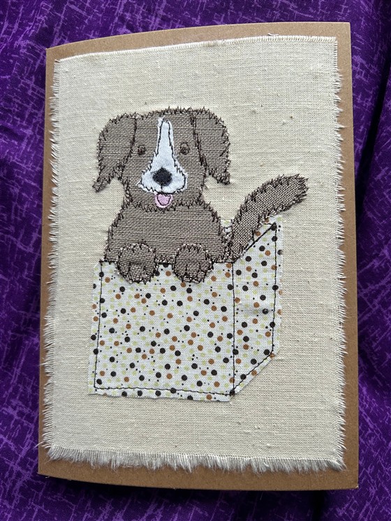 puppy in a cream spotty present card