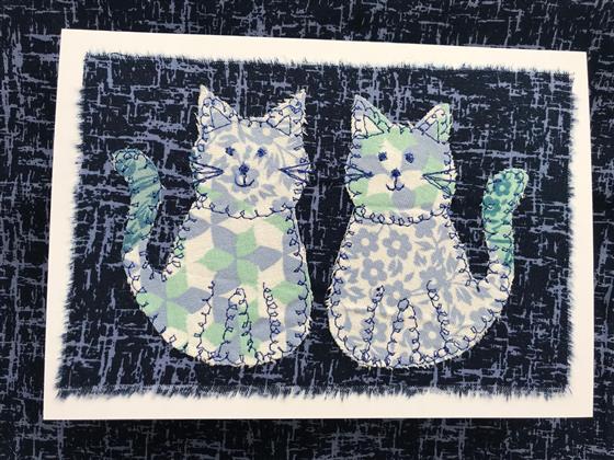 patchwork cats greeting card on navy