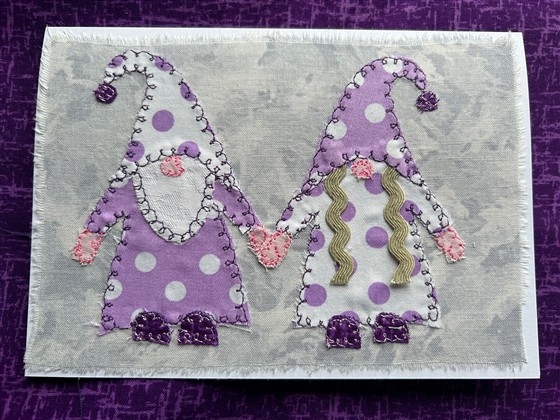 lady and gentleman lilac spotty gnomes greeting card