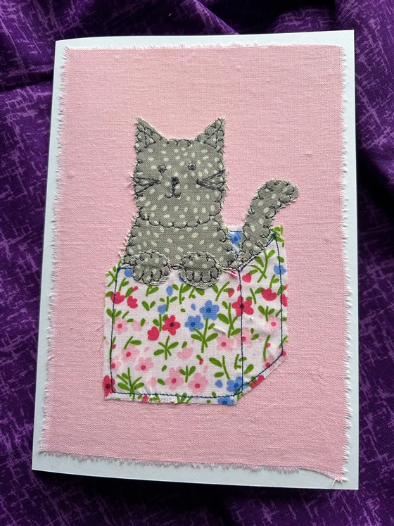 grey cat greeting card on pink
