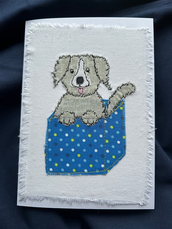 puppy present greeting card in blue spotty box