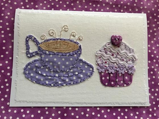 lilac spotty tea and cupcake greeting card on white