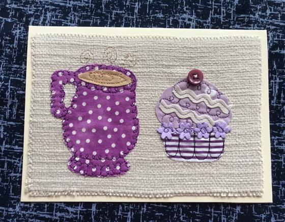 lilac spotty mug and cupcake greeting card on cream weave