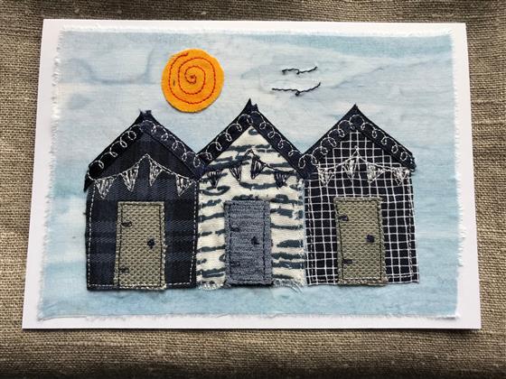 navy blue beach hut trio card