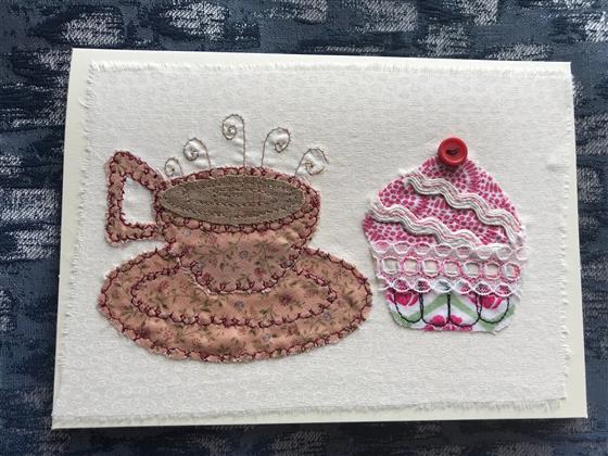 pink flower tea and cupcake greeting card on cream