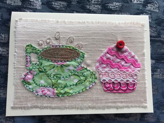 pink and green rose tea and cupcake greeting card on white