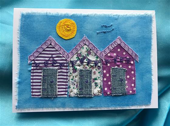 blue sky beach hut trio greeting card in purple