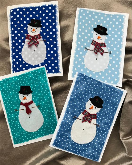 snowman christmas card on assorted blue spots