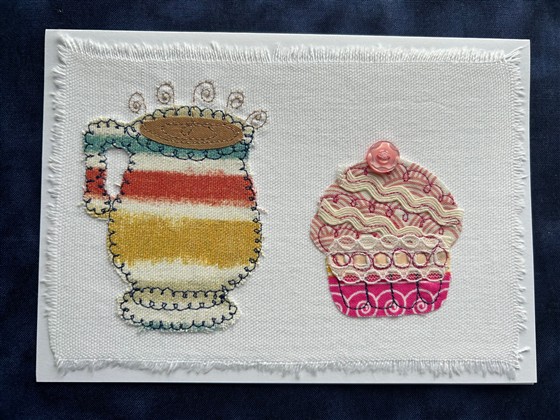 stripy mug and cupcake greeting card on white