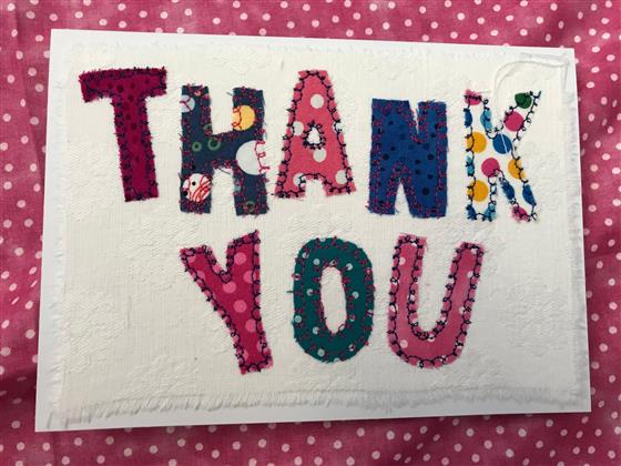 thank you card in pink & blue spots