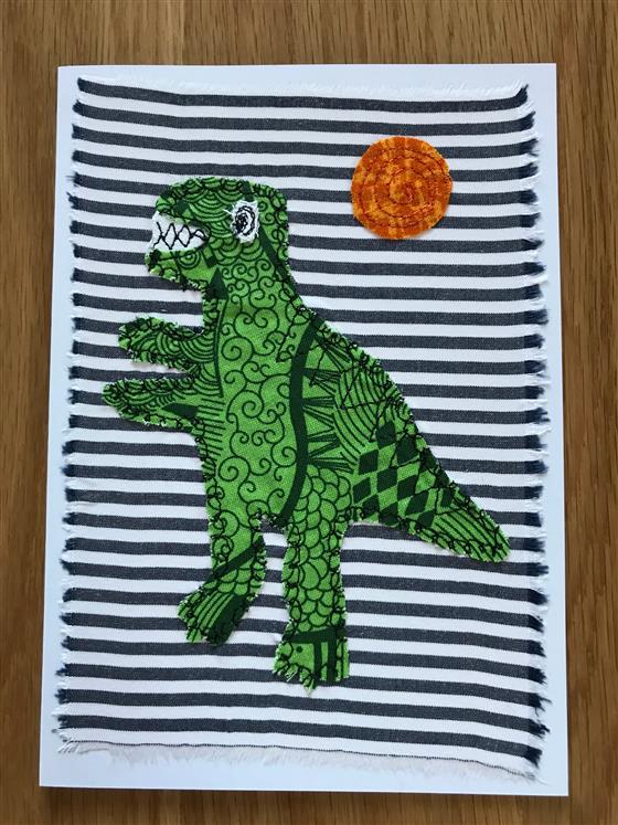 green t rex dinosaur greeting card on grey stripe