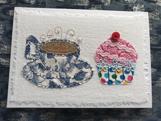 vintage blue rose tea and cupcake greeting card on white