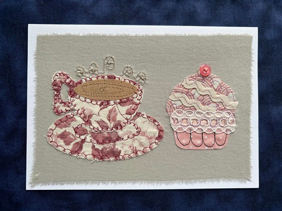 vintage pink rose tea and cupcake greeting card on grey