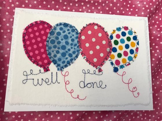 well done balloons card in pink & blue spots