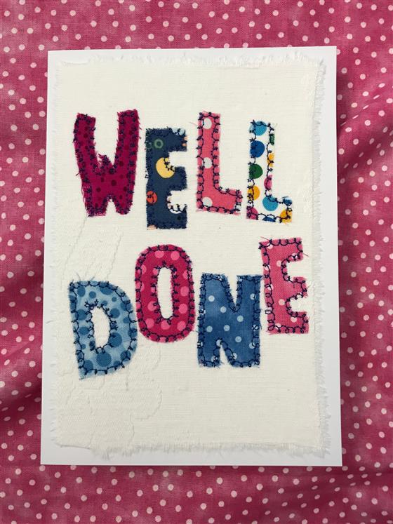 well done card in pink & blue spots