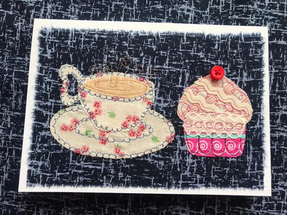 flower tea and cupcake greeting card on navy