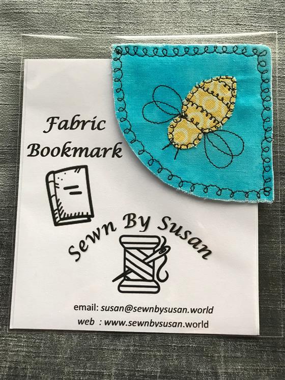 corner bookmark - bumble bee on sky blue fabric