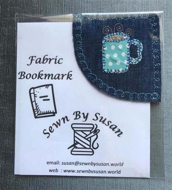 corner bookmark - blue mug on navy fabric