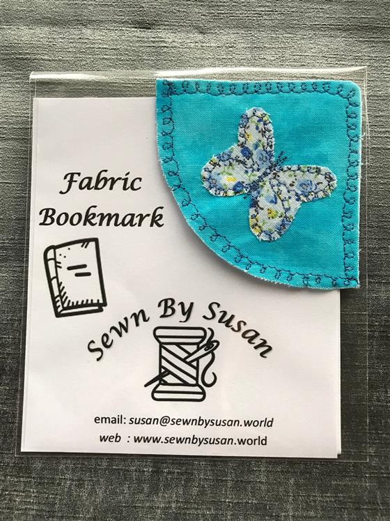 corner bookmark - flower butterfly on sky blue fabric