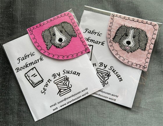 corner bookmark - grey puppy on pink fabric