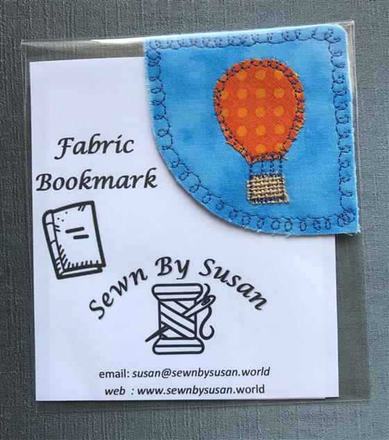 corner bookmark - orange hot air balloon on sky blue fabric