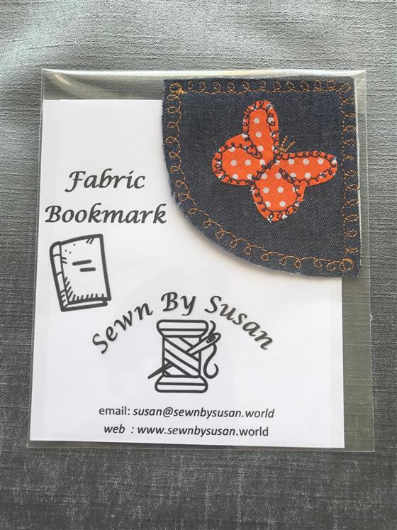 corner bookmark - orange spotty butterfly on denim fabric