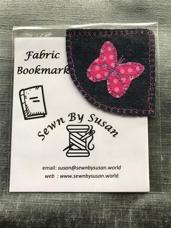 corner bookmark - pink spotty butterfly on denim fabric