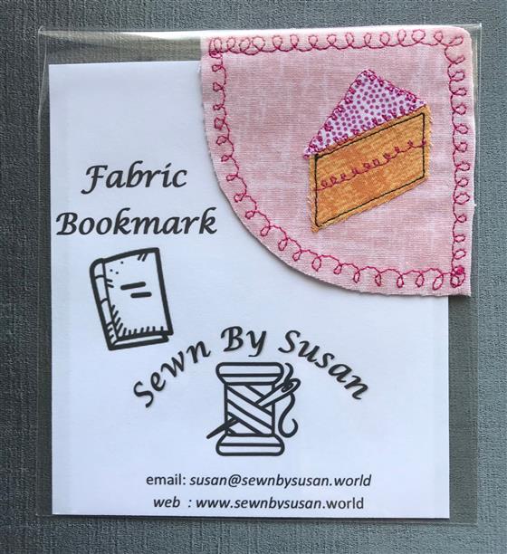 corner bookmark - slice of cake on pink fabric