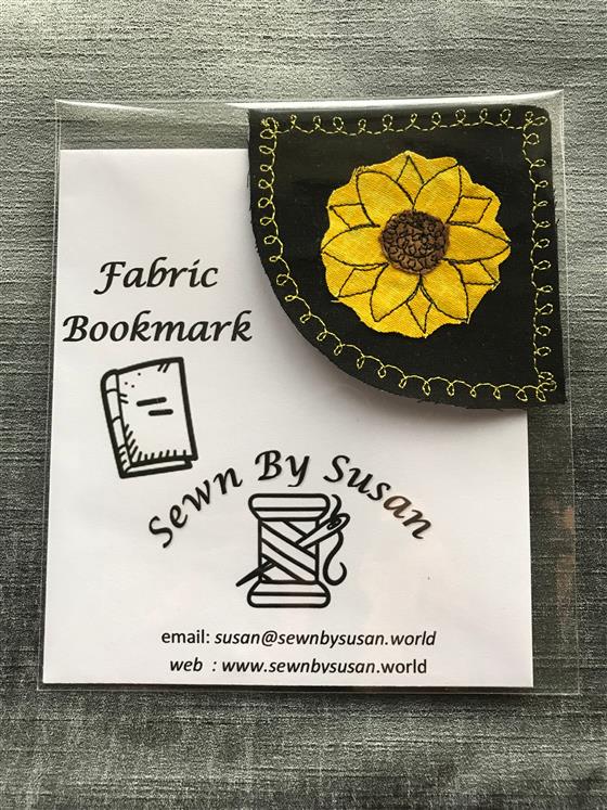 corner bookmark - sunflower on black fabric