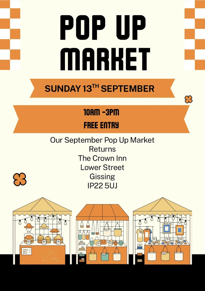 13th September 2026 - Pop Up Market at The Crown Inn, Lower Street, Gissing, IP22 5UJ